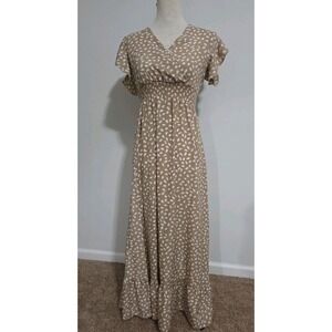 Tan And White Speckled Maxi Dress V Neck